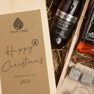 A personalised corporate Christmas gift box with whiskey and cola