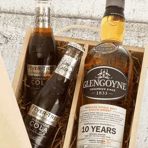 Close up of a fathers day gift set containing Glengoyne whiskey, and two fever tree cola bottles
