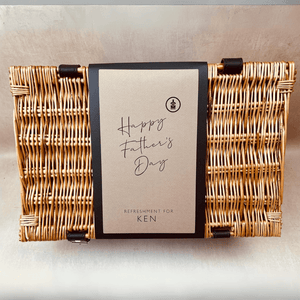 Gift Hampers for Dads, with a personalised "Happy Birthday Message" displayed on the sleeve.