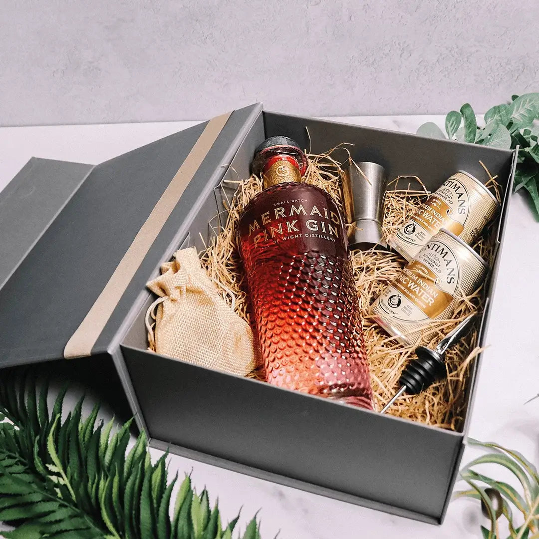 Mermaid pink gin in embossed gift box with ribbon