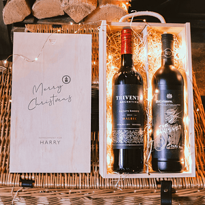 Personalised Wooden Gift Box with two bottles of red wine