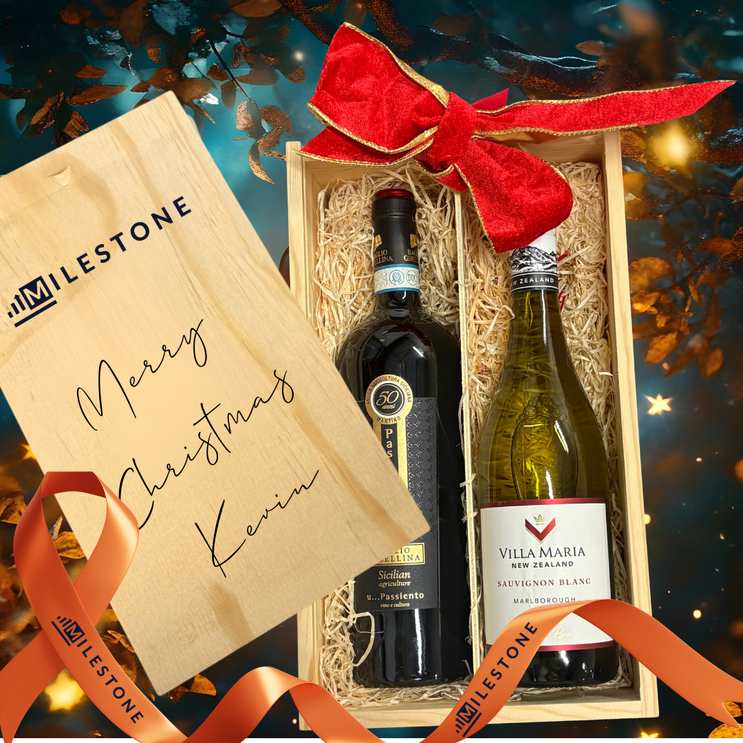 Personalised Corporate Gift of Wine with branding on box and ribbon
