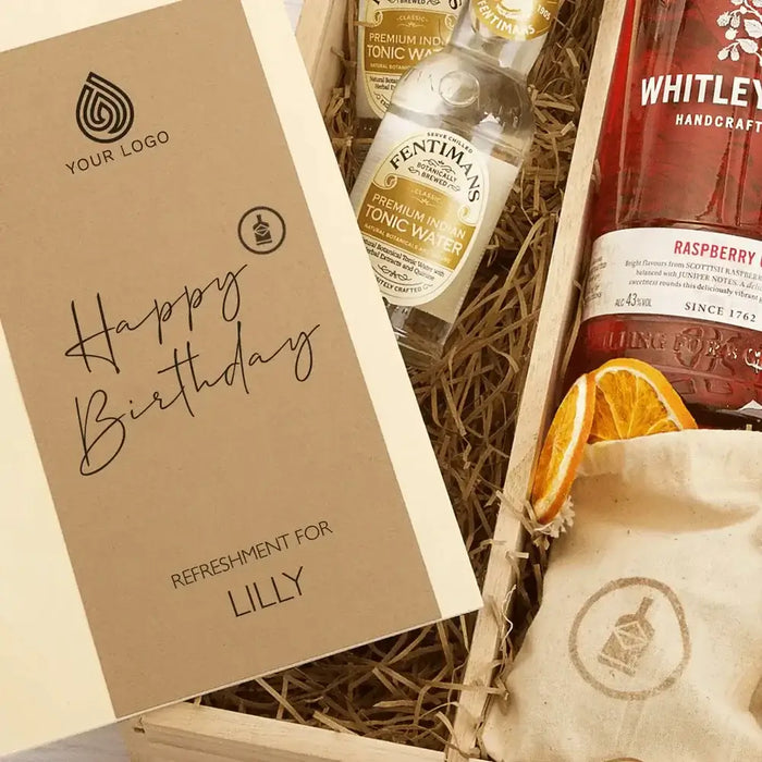 Personalised gin and tonic corporate gift box for celebrating an employee