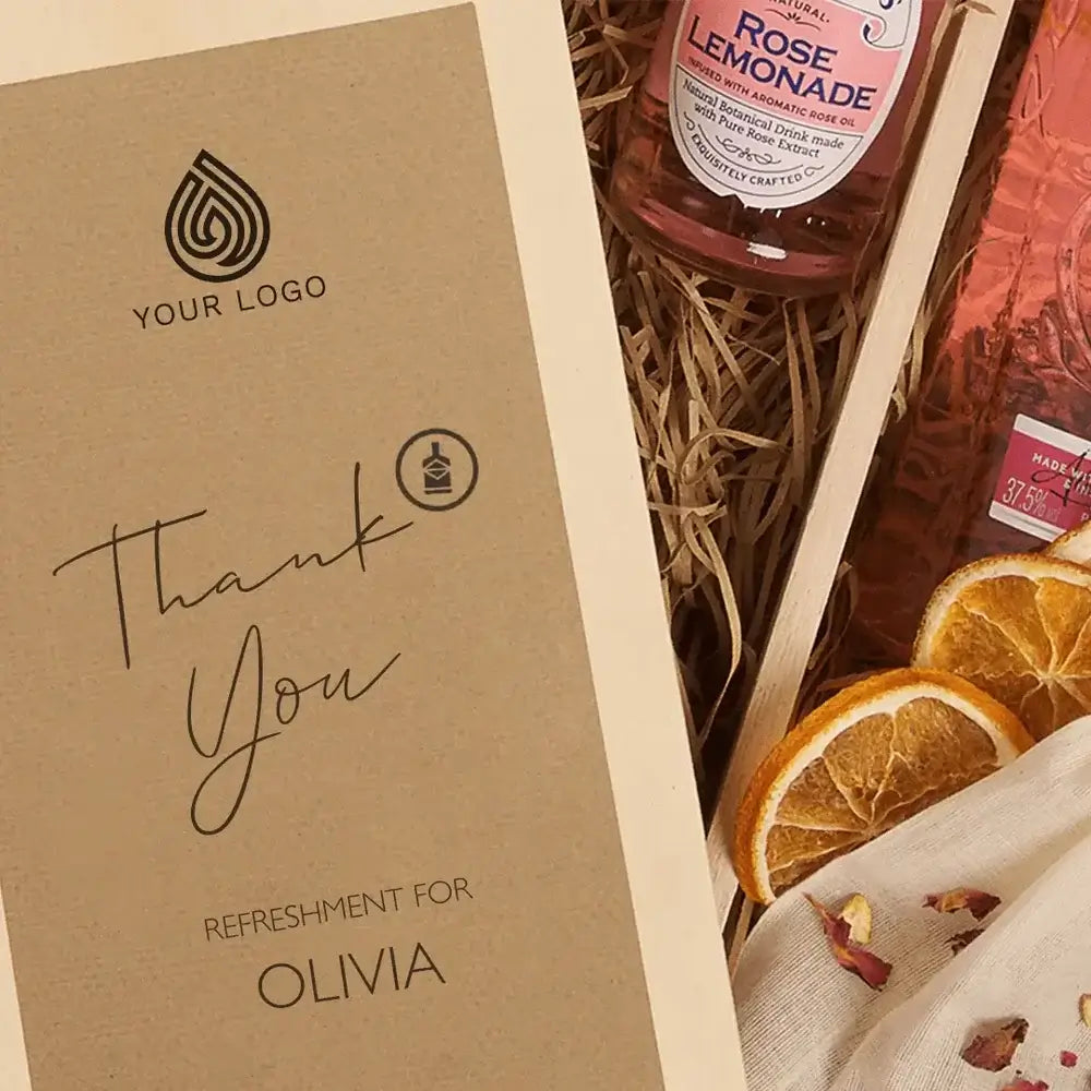 a personalised corporate gift box with &#39;thank you&#39; message and company logo