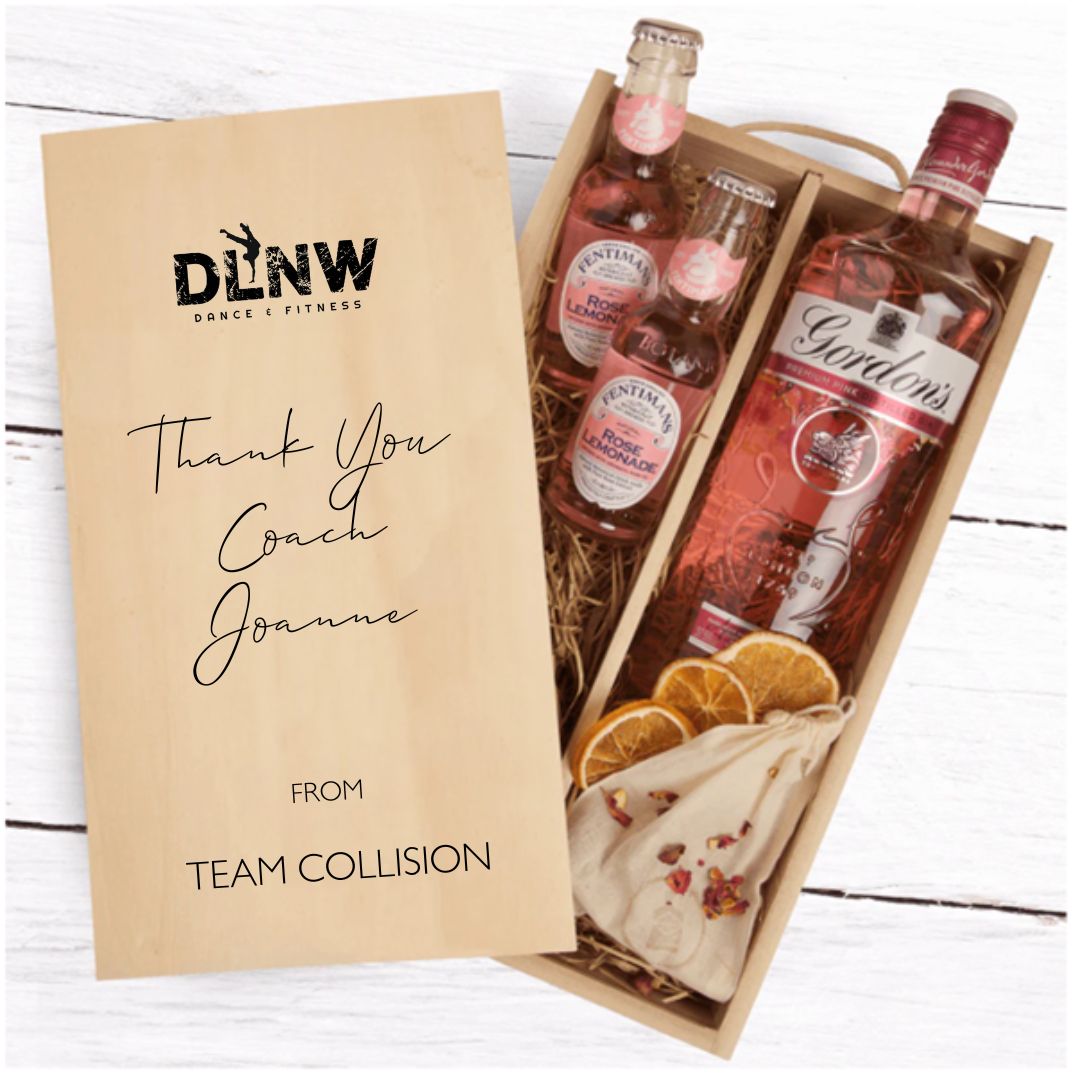 Personalised Gin Gift box for a dance teacher. Personalised with the dance studio logo, a message of thanks and then the name of the dance team the gift is from.