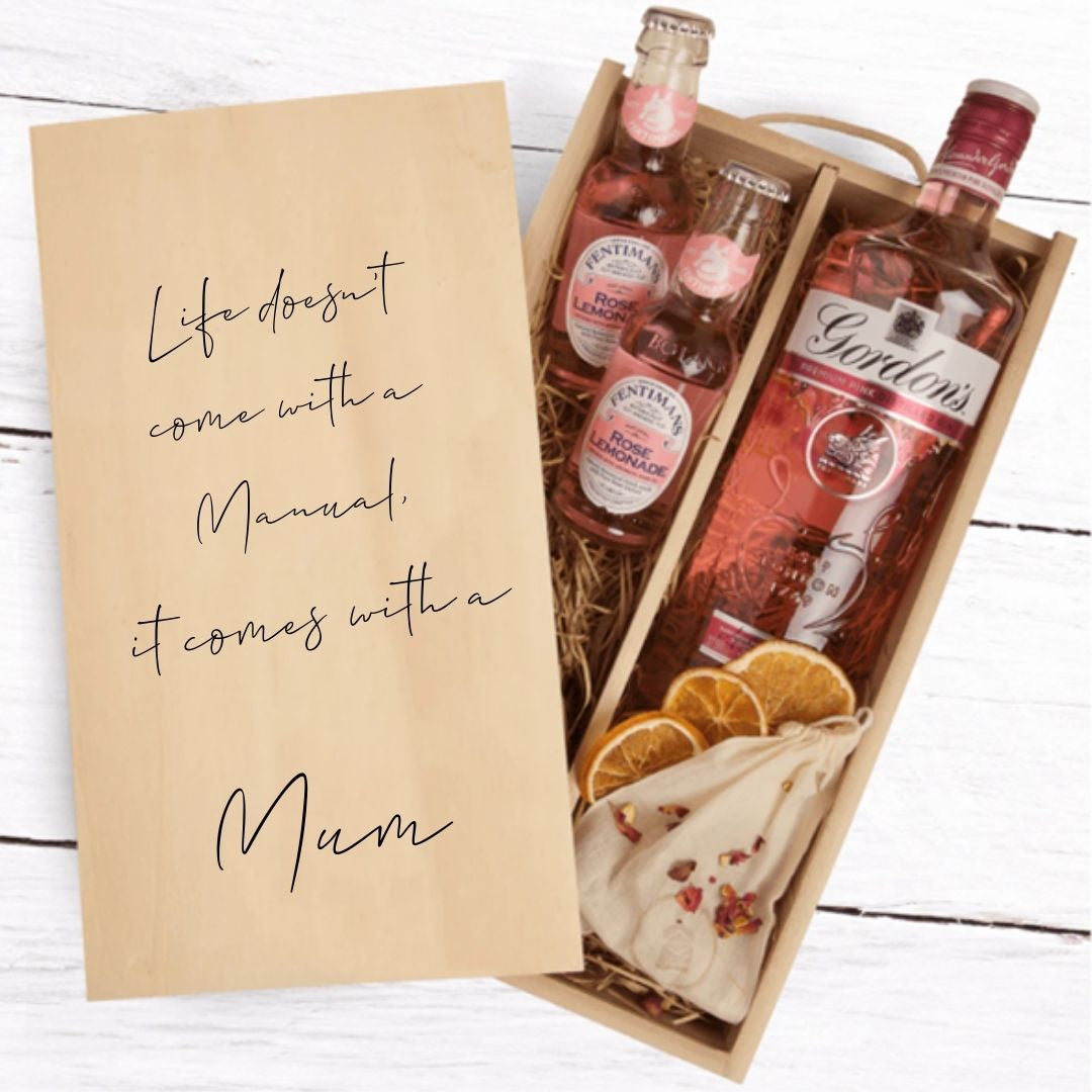Mothers Day Gin Gift Box with message on wooden lid saying 'life doesn't come with a manual, it comes with a mum'