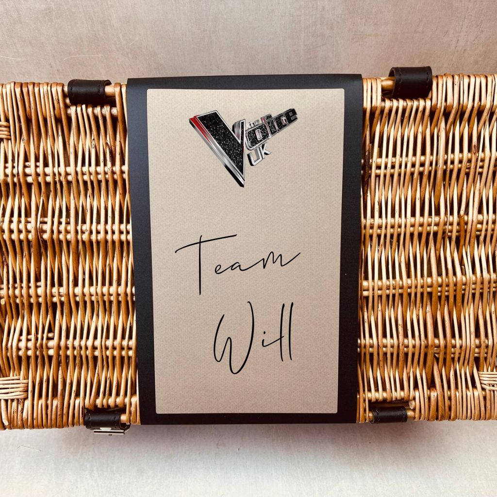 The Voice UK Logo printed on a wicker hamper with personalised message of Team Will