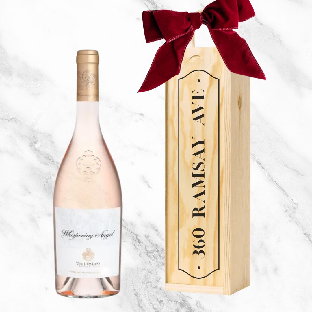 Personalised Whispering angel wine gift box with new house name or street address