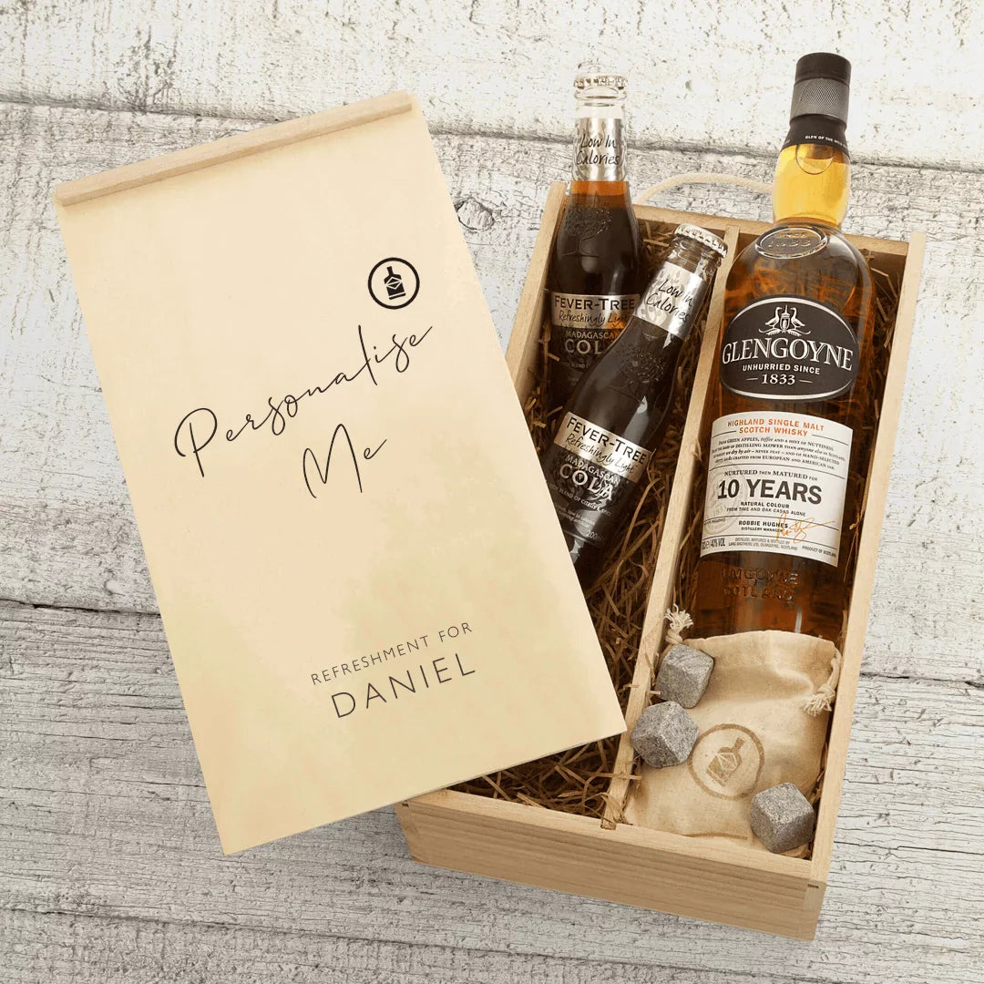 Personalisable Fathers Day gift set containing a beige bag with 3 whiskey cubes, a bottle of Glenoyne 10 Year Old whiskey, and 2 Fever Tree cola bottles.