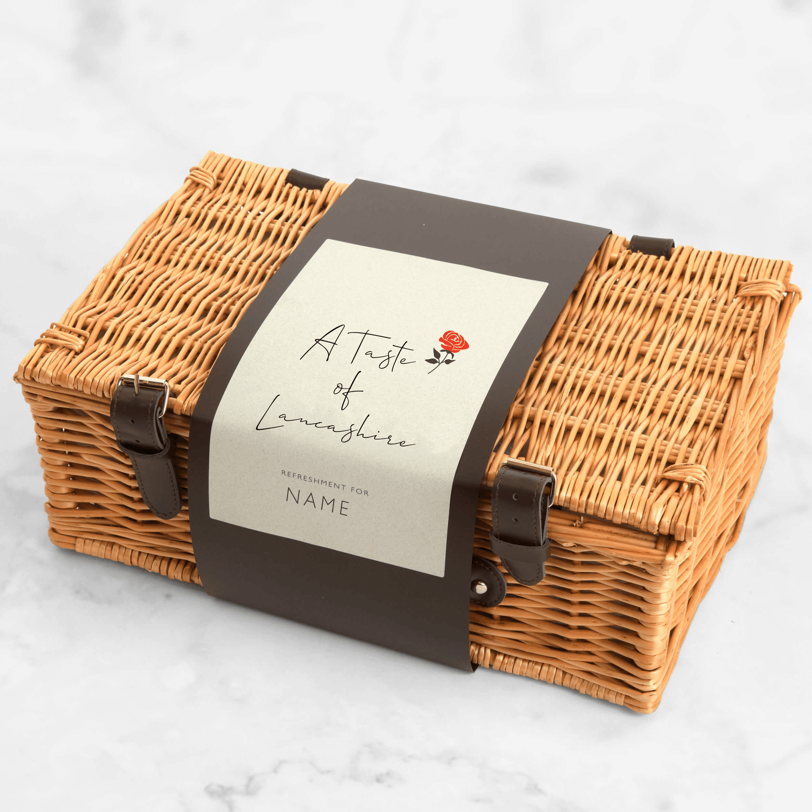 A Taste of Lancashire Hamper showing personalised sleeve