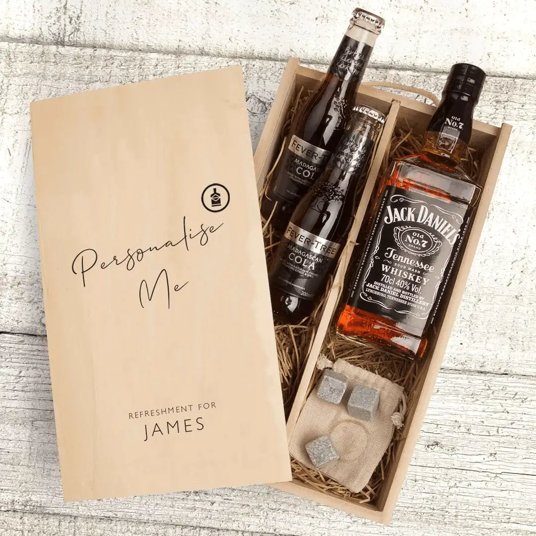 Personalised Jack Daniels Gift Box with two cola mixers and whiskey stones