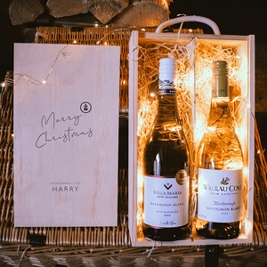 Personalised wooden box with two bottles of sauvignon blanc