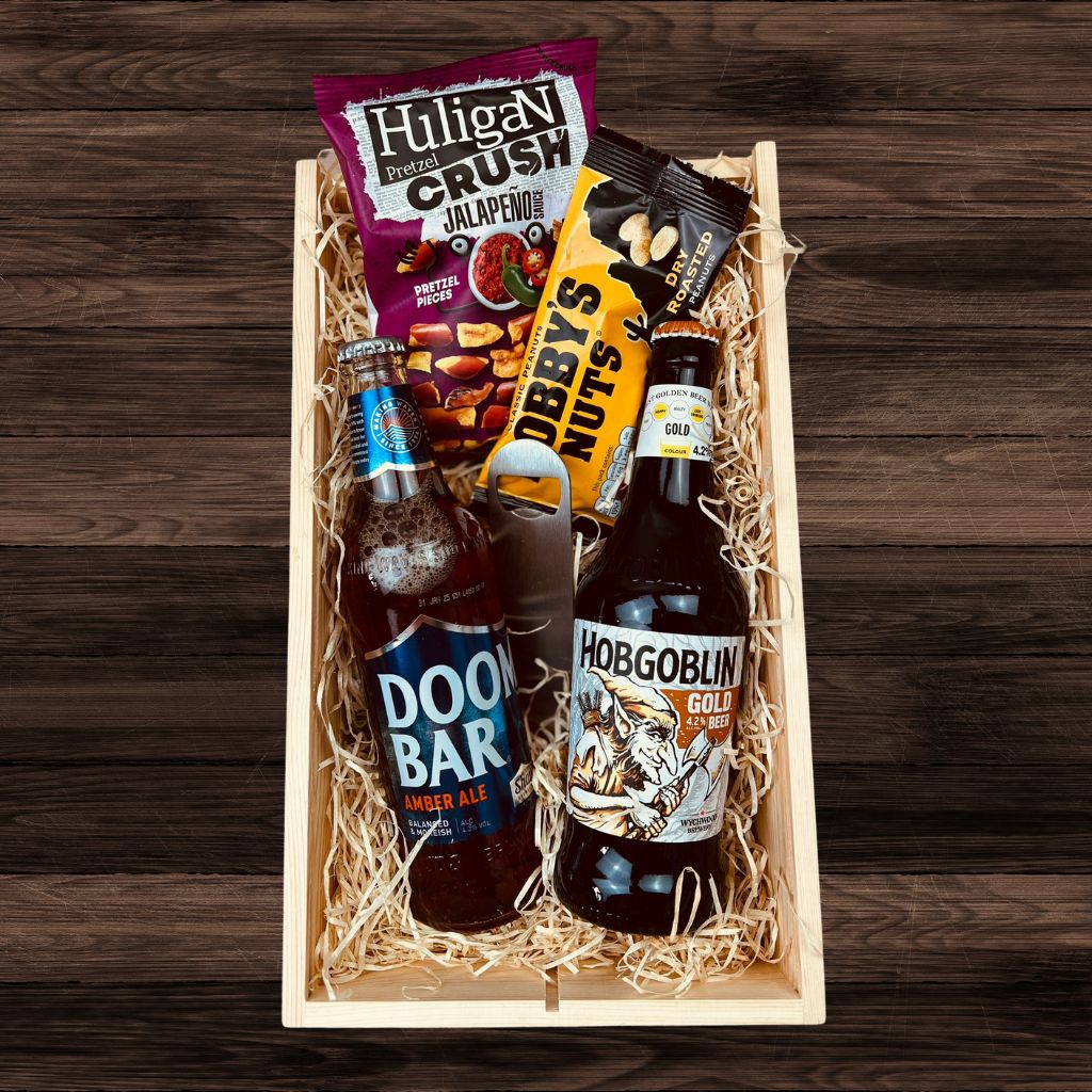 Image of personalised fathers day fgift box, containing two different alcoholic drinks and snacks