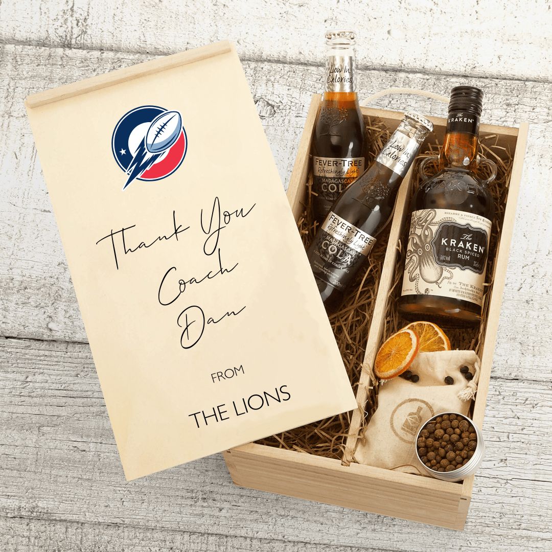 Rum gift box for Rugby Coach with 2 Fever Tree Cola bottles, a bottle of Kraken rum, 2 dried oranges and some spices