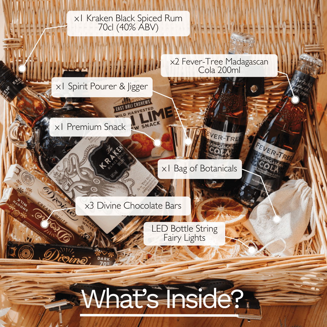 Kraken Rum Gift Hamper with labels to show what is inside