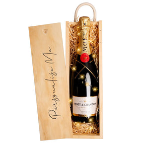 Moet Chandon presented in a Wooden Gift with fairy lights inside and the words 'Personliase Me' on the lid.