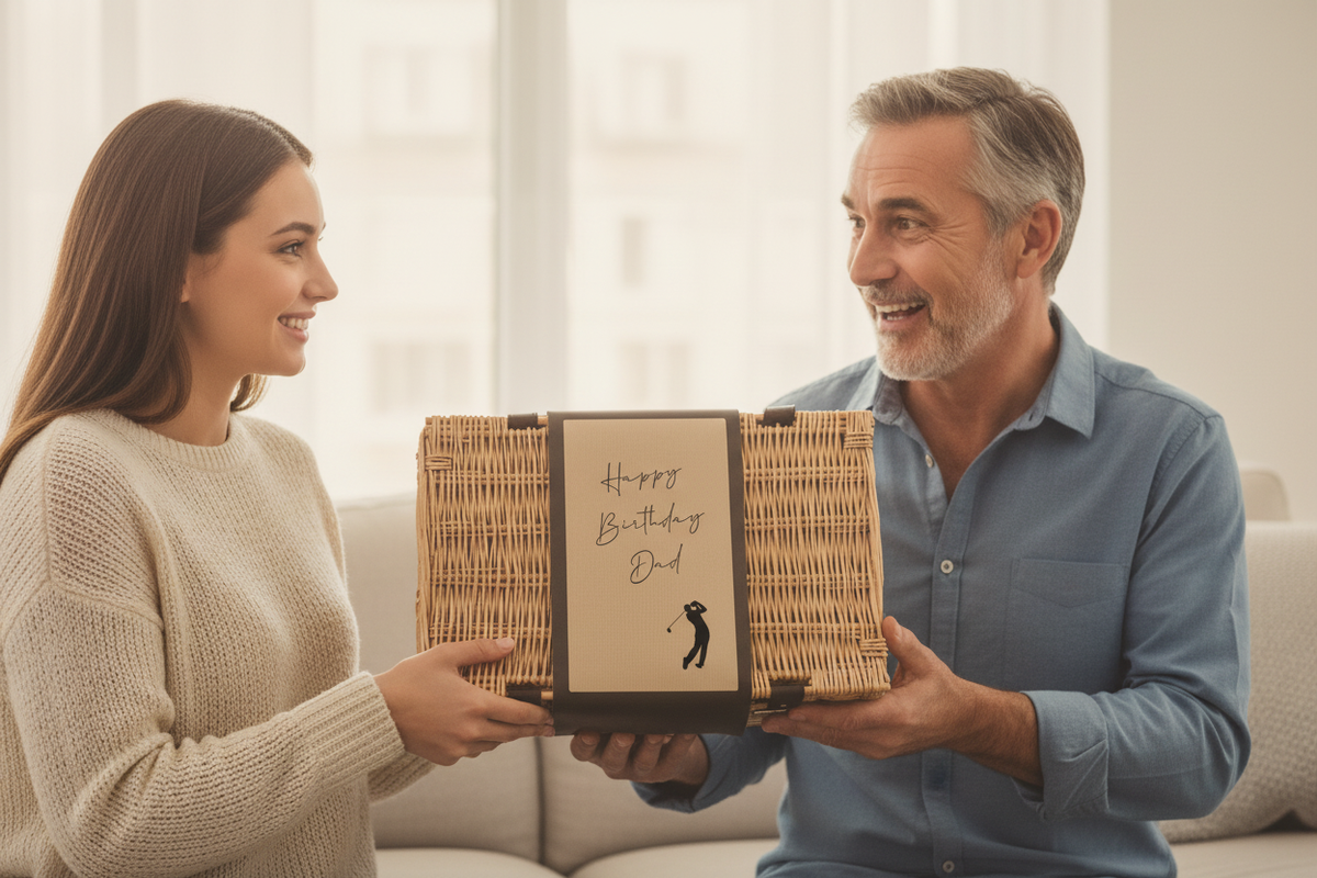 Daughter giving larger hamper to father