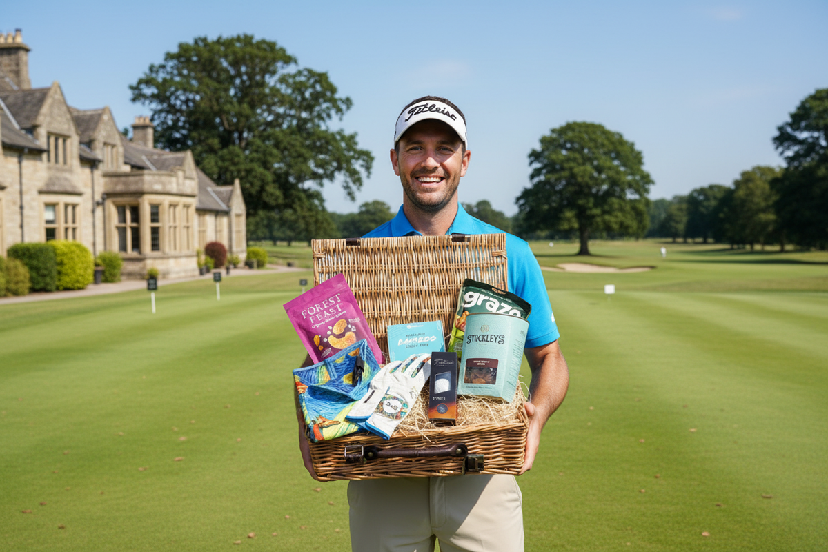 Male golfer with hamper outside golf club